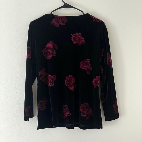 Velvet Rose Print Top Black Red Floral Stretch Long Sleeve Y2K Grunge Romantic M - Picture 2 of 6
